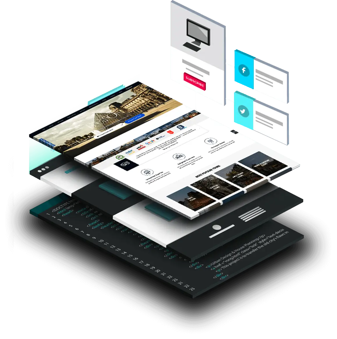 Isometric stack of Falcon Marketing website and dashboard interfaces